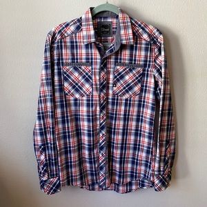 7 Diamonds red white & blue plaid button down
